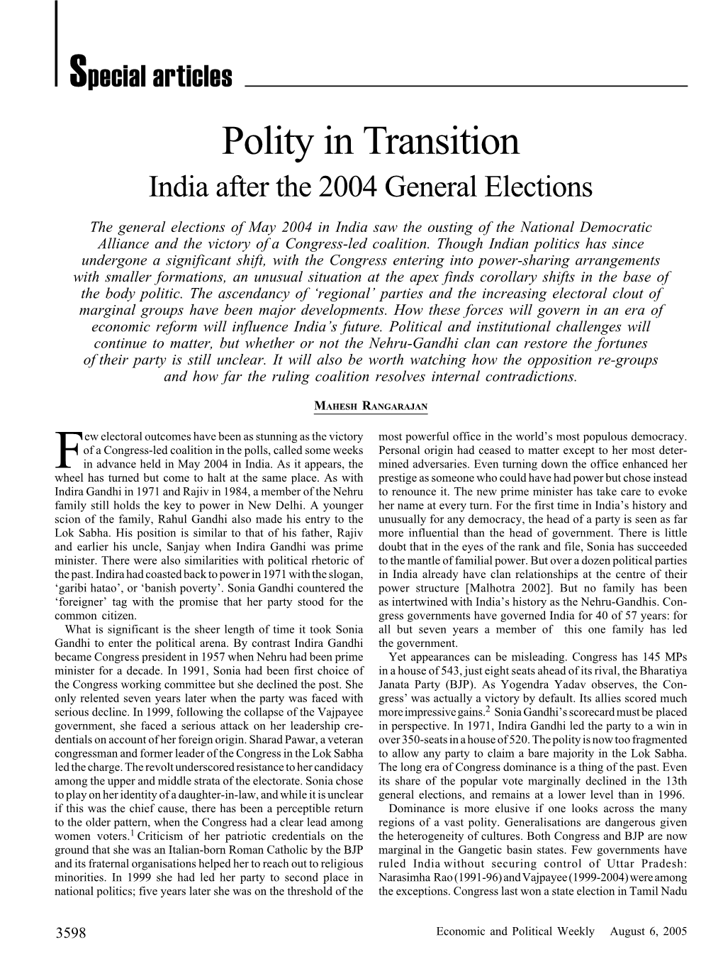 Polity in Transition India After the 2004 General Elections
