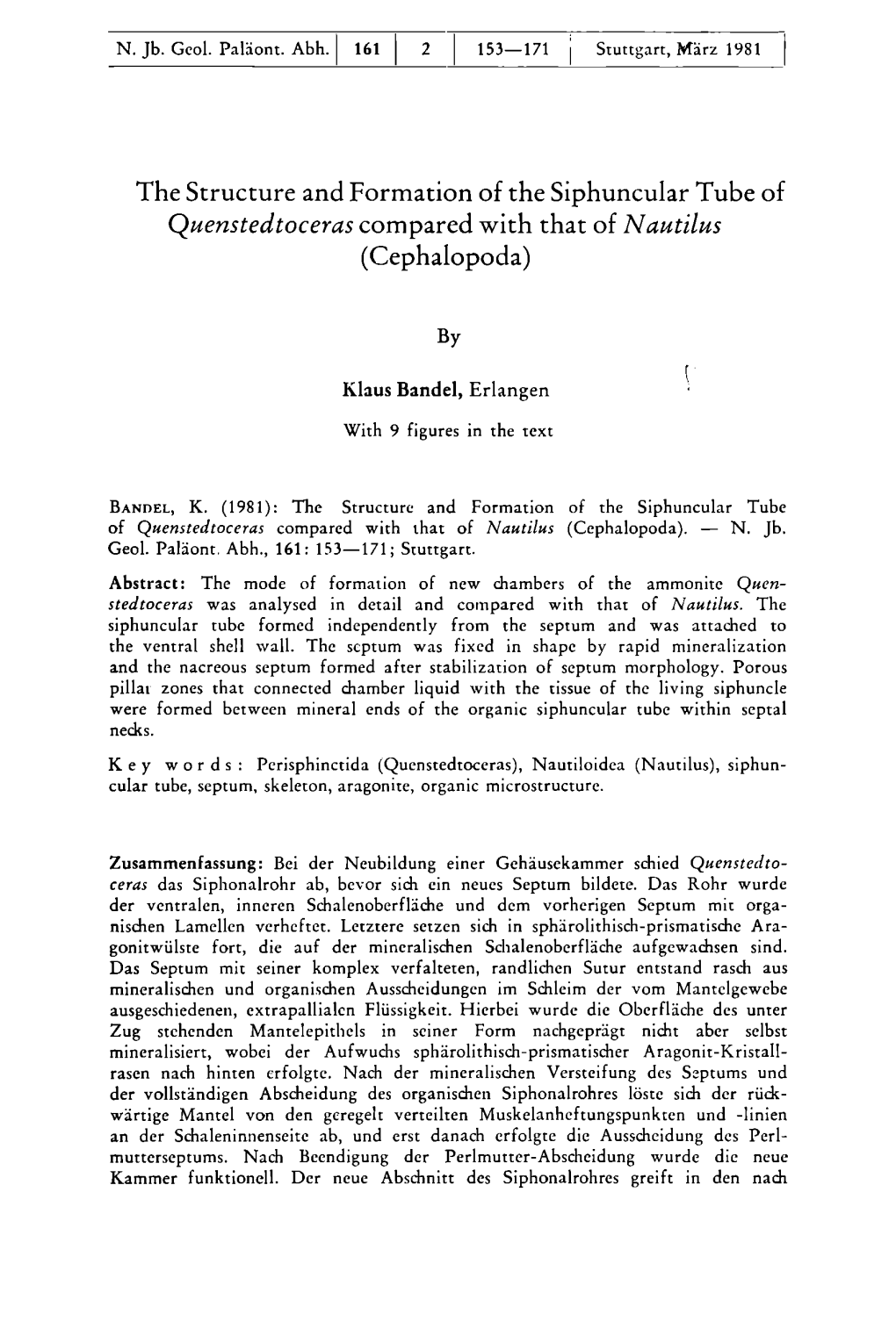 The Structure and Formation of the Siphuncular Tube of Quenstedtoceras Compared with That of Nautilus (Cephalopoda)