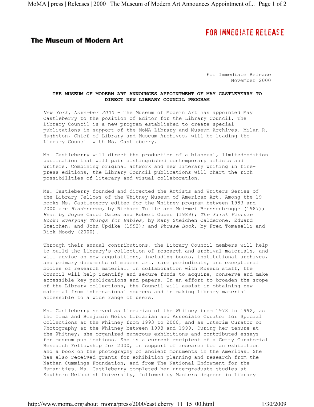 Page 1 of 2 Moma | Press | Releases | 2000 | the Museum of Modern Art