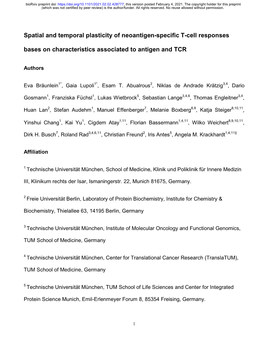 Spatial and Temporal Plasticity of Neoantigen-Specific T-Cell Responses Bases on Characteristics Associated to Antigen and TCR