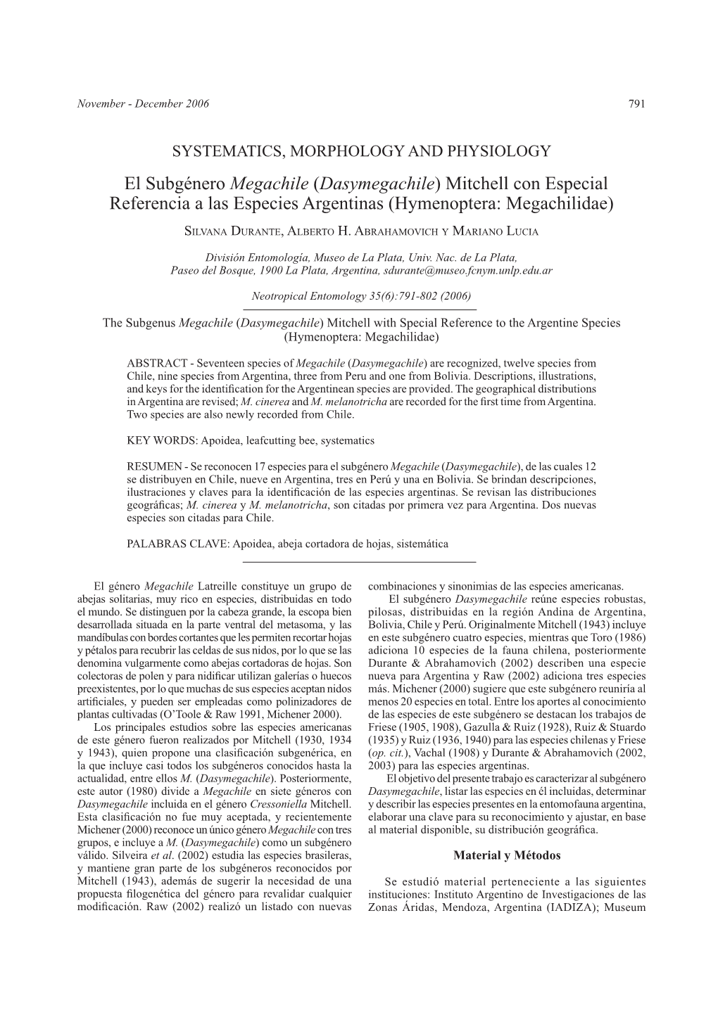 El Subgénero Megachile (Dasymegachile) Mitchell Con Especial Referencia a Las Especies Argentinas (Hymenoptera: Megachilidae)