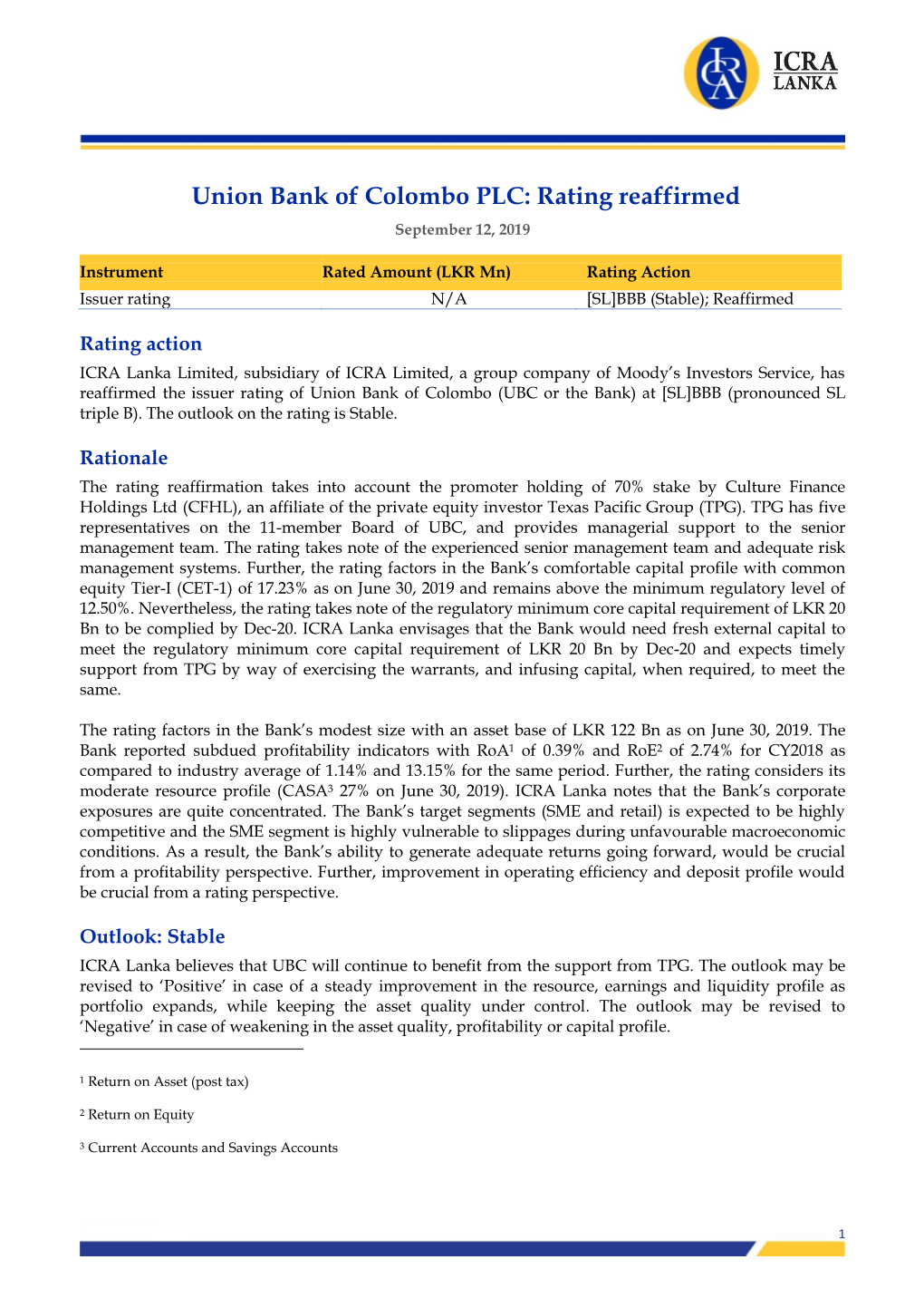 Union Bank of Colombo PLC: Rating Reaffirmed September 12, 2019