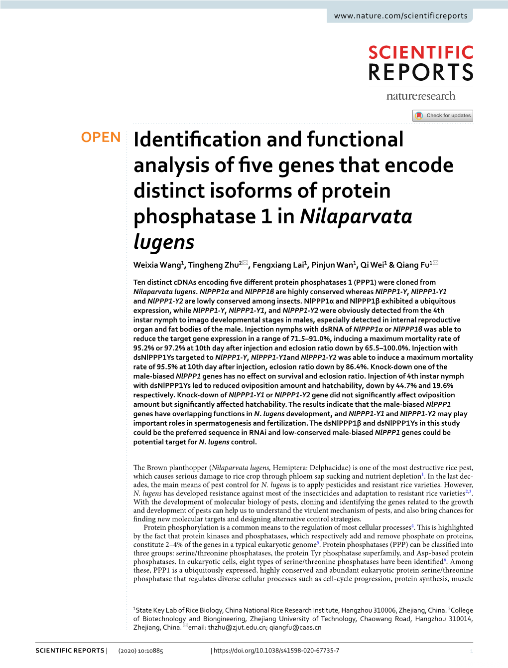 Identification and Functional Analysis of Five Genes That Encode Distinct Isoforms of Protein Phosphatase 1 in Nilaparvata Lugens