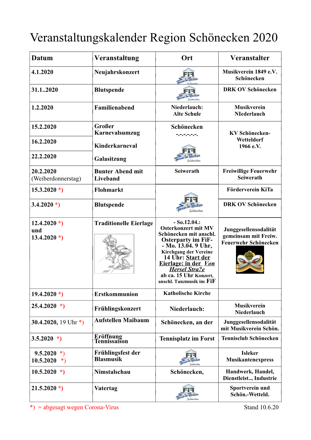 Veranstaltungskalender Region Schönecken 2020