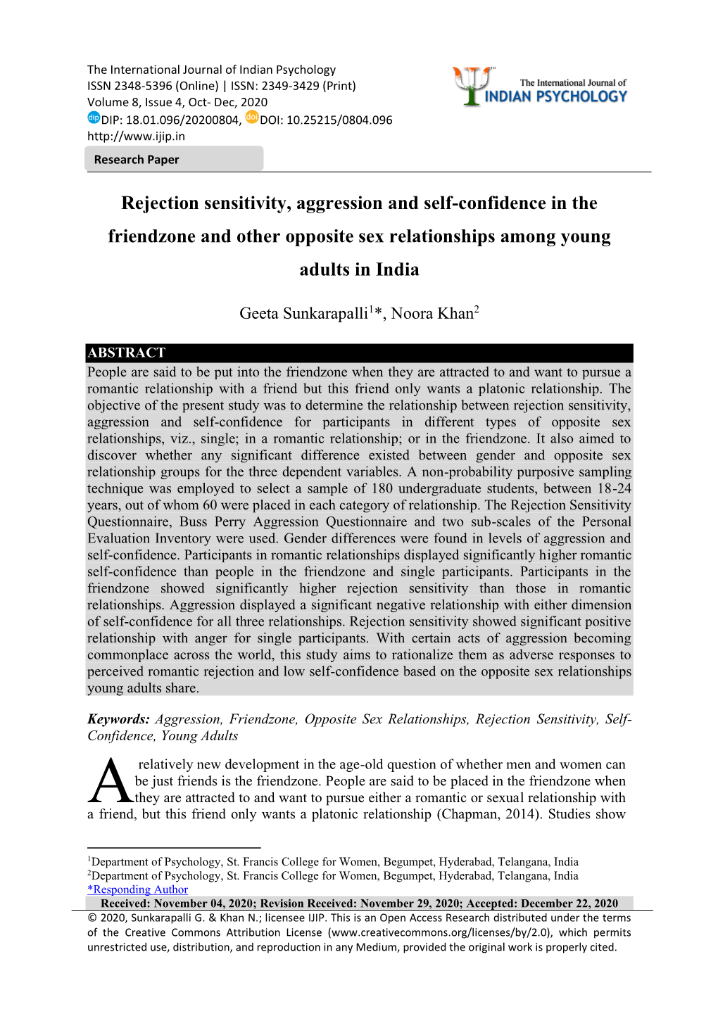 Rejection Sensitivity, Aggression and Self-Confidence in the Friendzone and Other Opposite Sex Relationships Among Young Adults in India