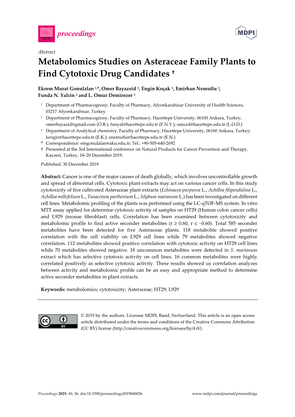 Metabolomics Studies on Asteraceae Family Plants to Find Cytotoxic Drug Candidates †