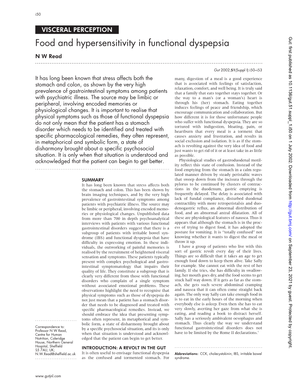 Food and Hypersensitivity in Functional Dyspepsia N W Read