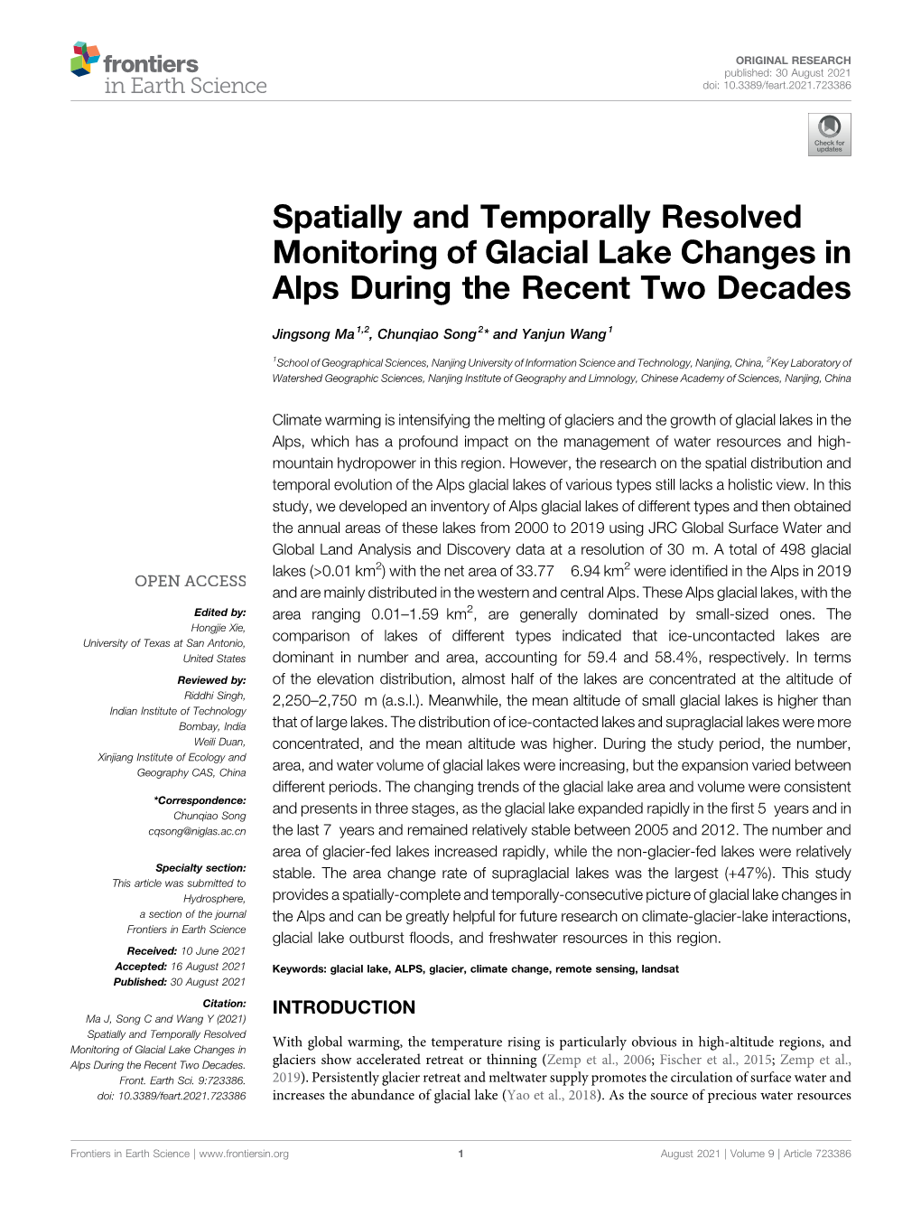 Spatially and Temporally Resolved Monitoring of Glacial Lake Changes in Alps During the Recent Two Decades