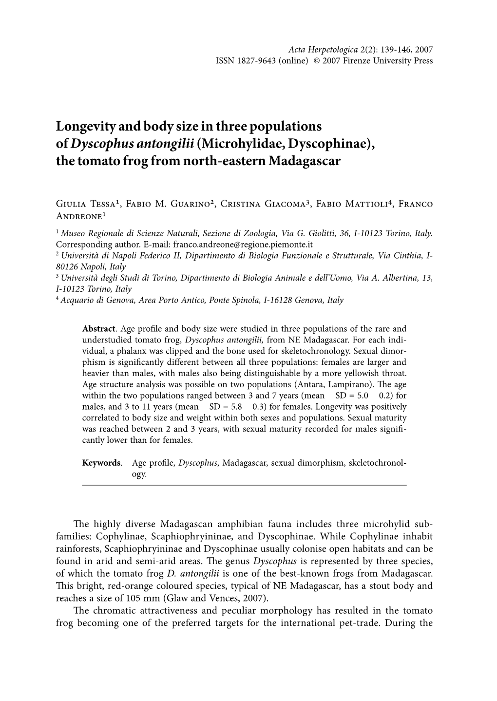 Longevity and Body Size in Three Populations of Dyscophus Antongilii (Microhylidae, Dyscophinae), the Tomato Frog from North-Eastern Madagascar