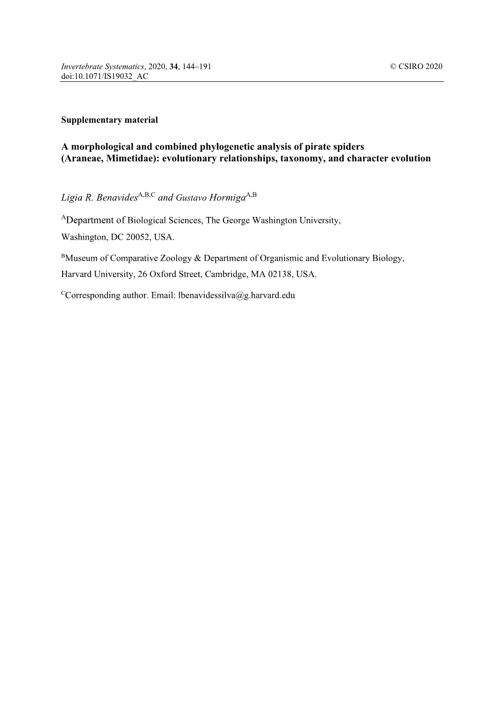 A Morphological and Combined Phylogenetic Analysis of Pirate Spiders (Araneae, Mimetidae): Evolutionary Relationships, Taxonomy, and Character Evolution