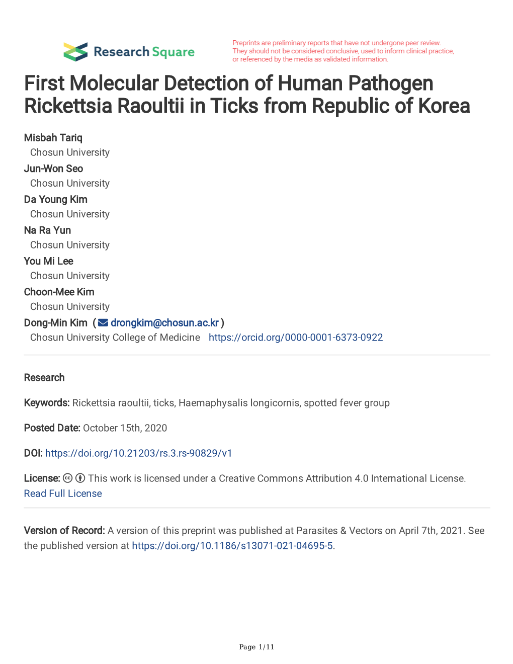 First Molecular Detection of Human Pathogen Rickettsia Raoultii in Ticks from Republic of Korea