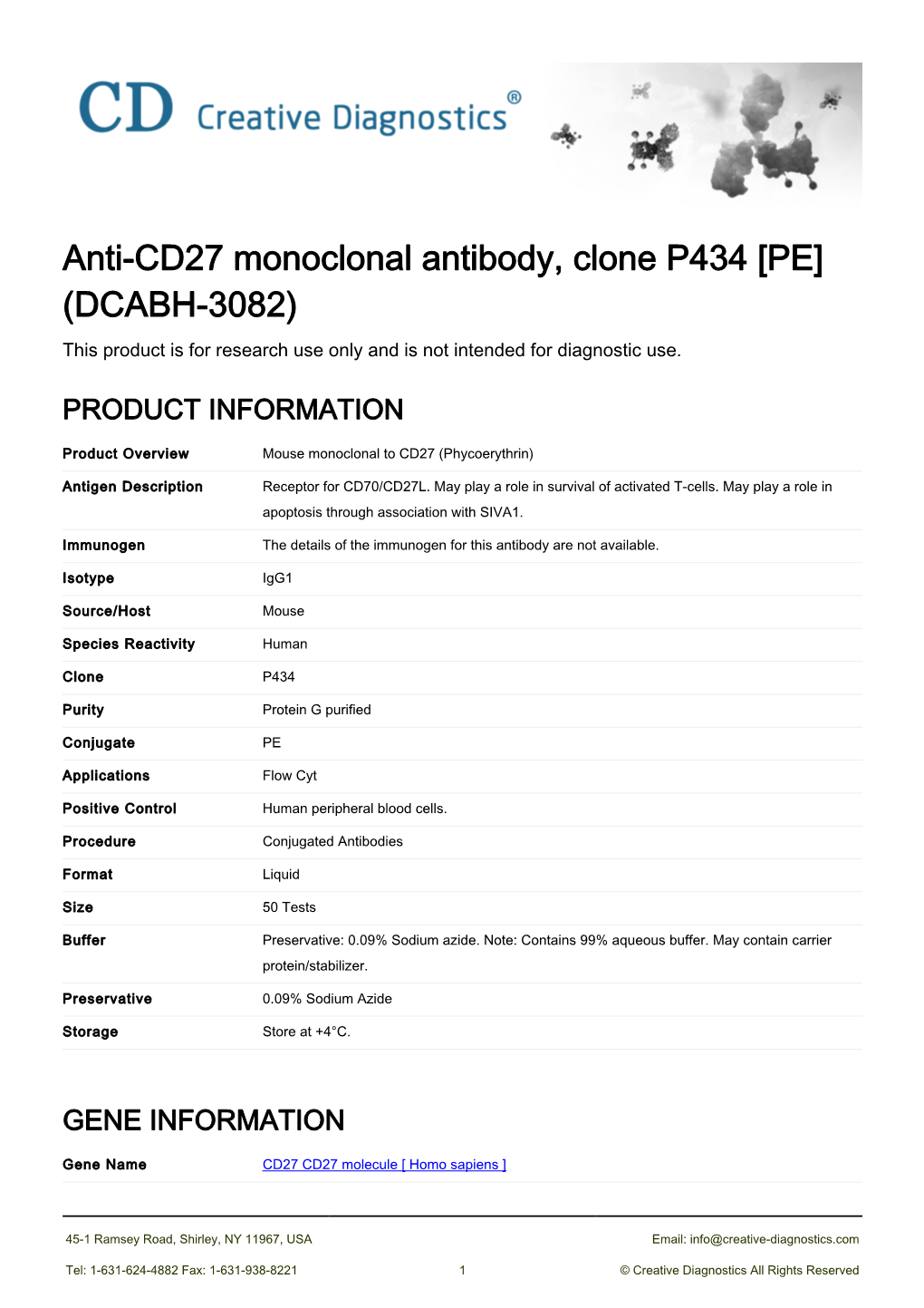 Anti-CD27 Monoclonal Antibody, Clone P434 [PE] (DCABH-3082) This Product Is for Research Use Only and Is Not Intended for Diagnostic Use