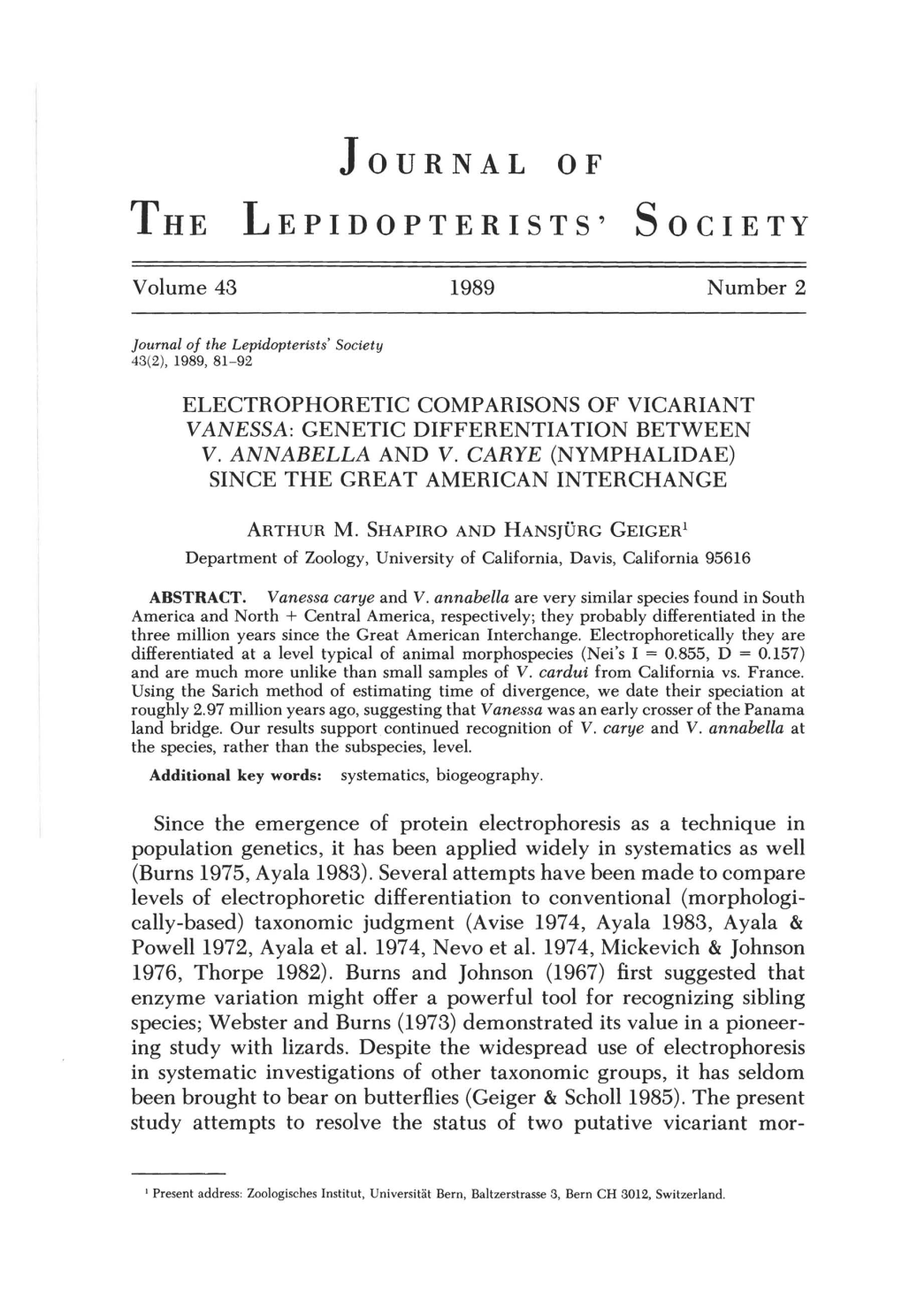 Journal of the Lepidopterists' Society 43(2)