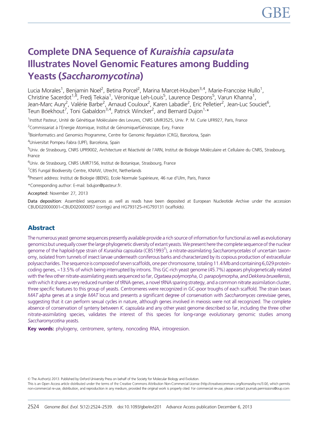 Complete DNA Sequence of Kuraishia Capsulata Illustrates Novel Genomic Features Among Budding Yeasts (Saccharomycotina)