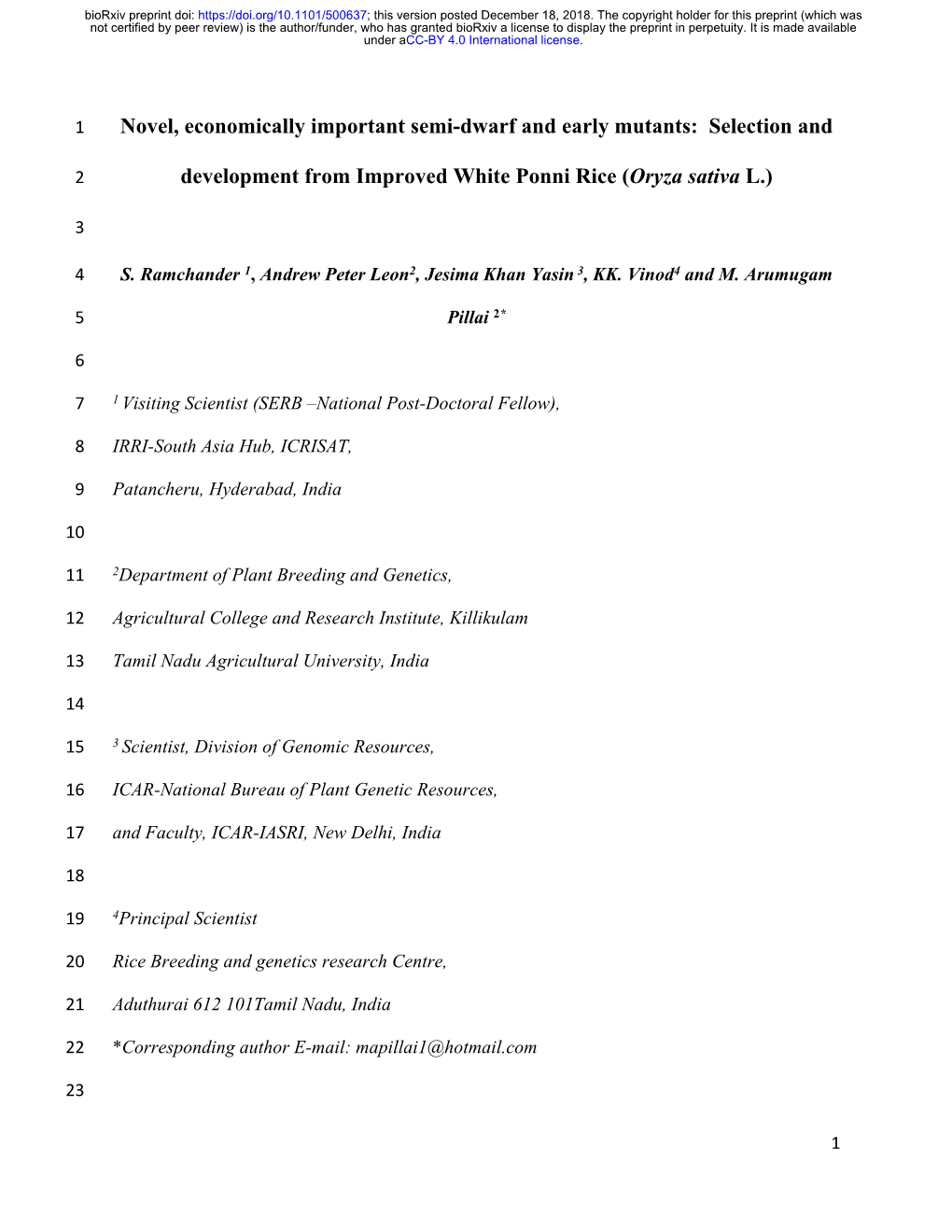 Novel, Economically Important Semi-Dwarf and Early Mutants: Selection And