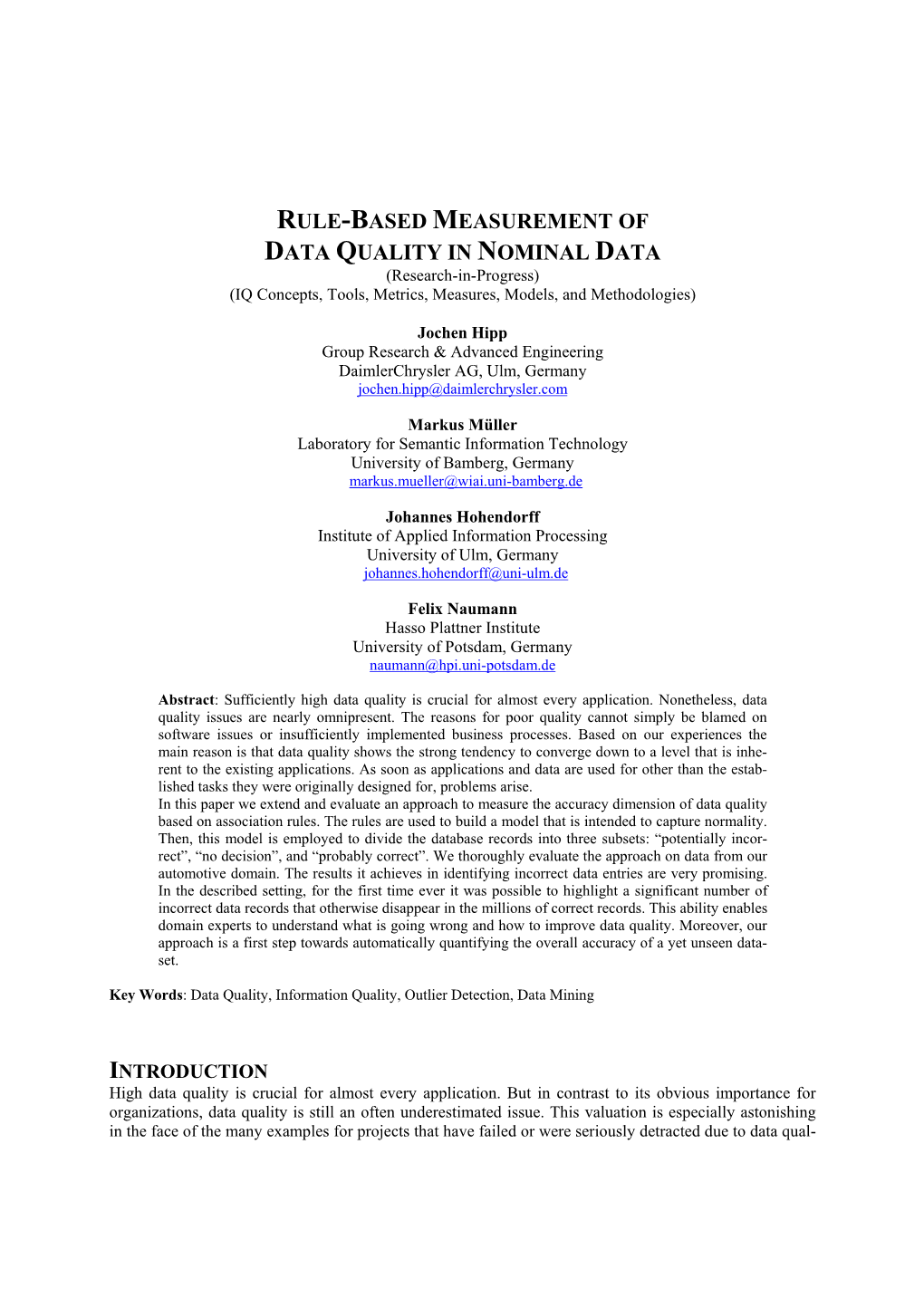 RULE-BASED MEASUREMENT of DATA QUALITY in NOMINAL DATA (Research-In-Progress) (IQ Concepts, Tools, Metrics, Measures, Models, and Methodologies)