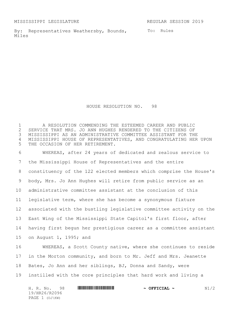 MISSISSIPPI LEGISLATURE REGULAR SESSION 2019 By