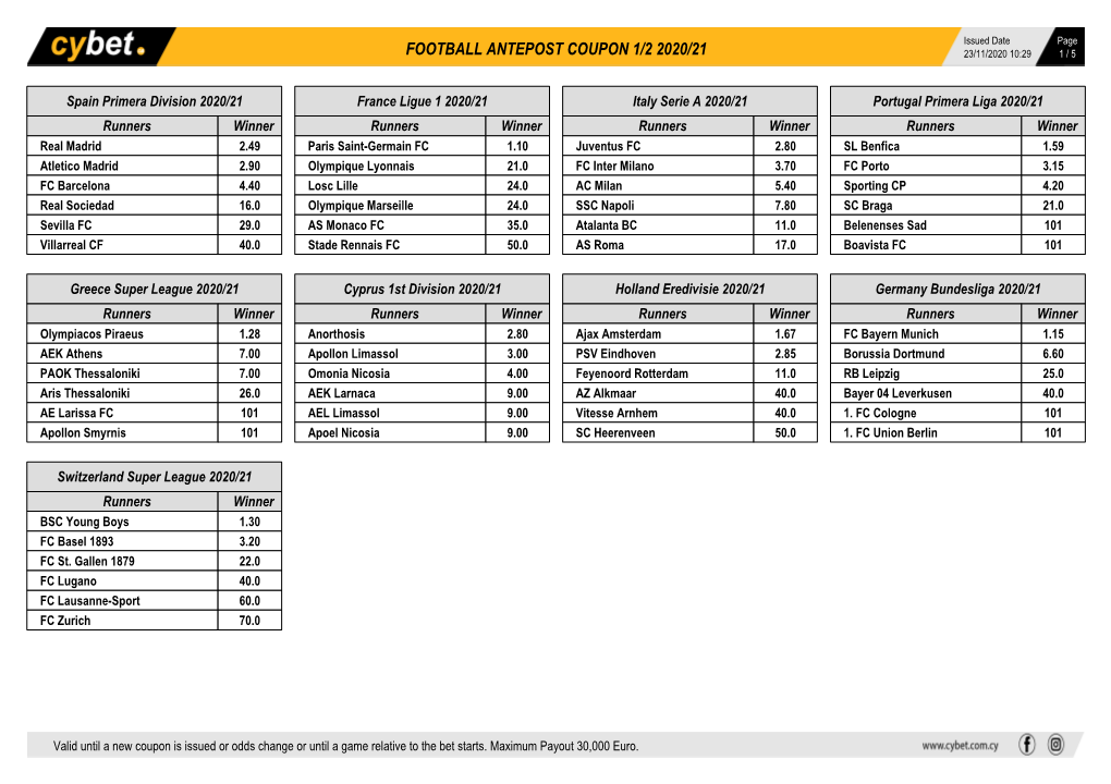 Football Antepost Coupon 1/2 2020/21 23/11/2020 10:29 1 / 5