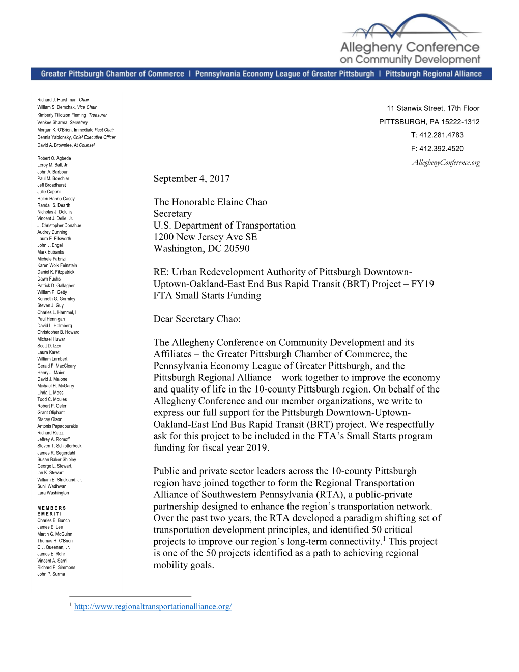 Letter to Secretary Chao on FTA Small Starts Funding for Bus Rapid