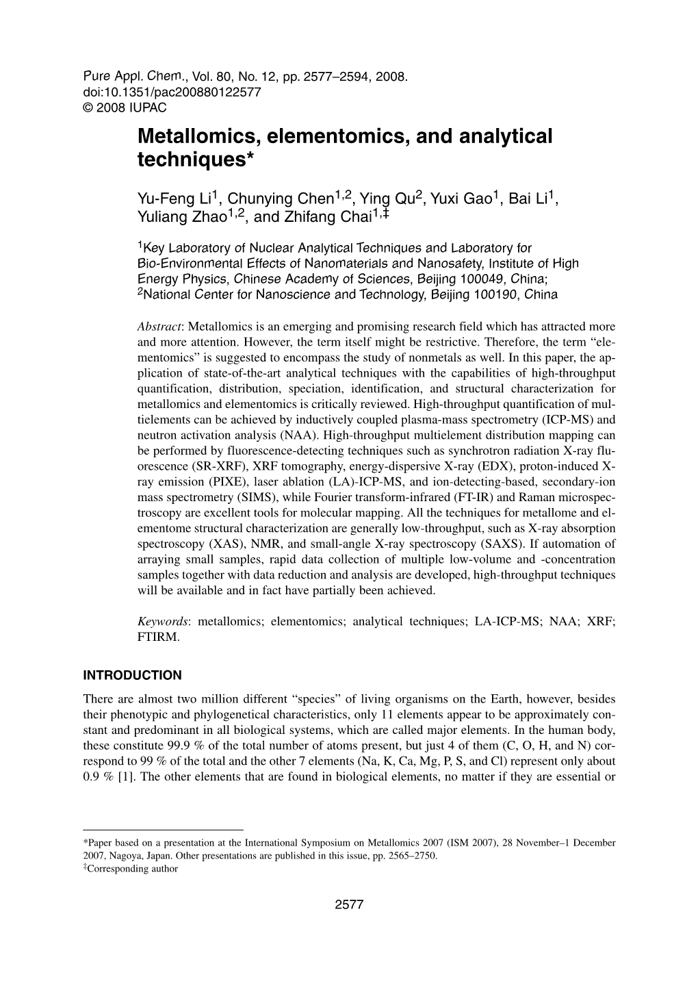 Metallomics, Elementomics, and Analytical Techniques*