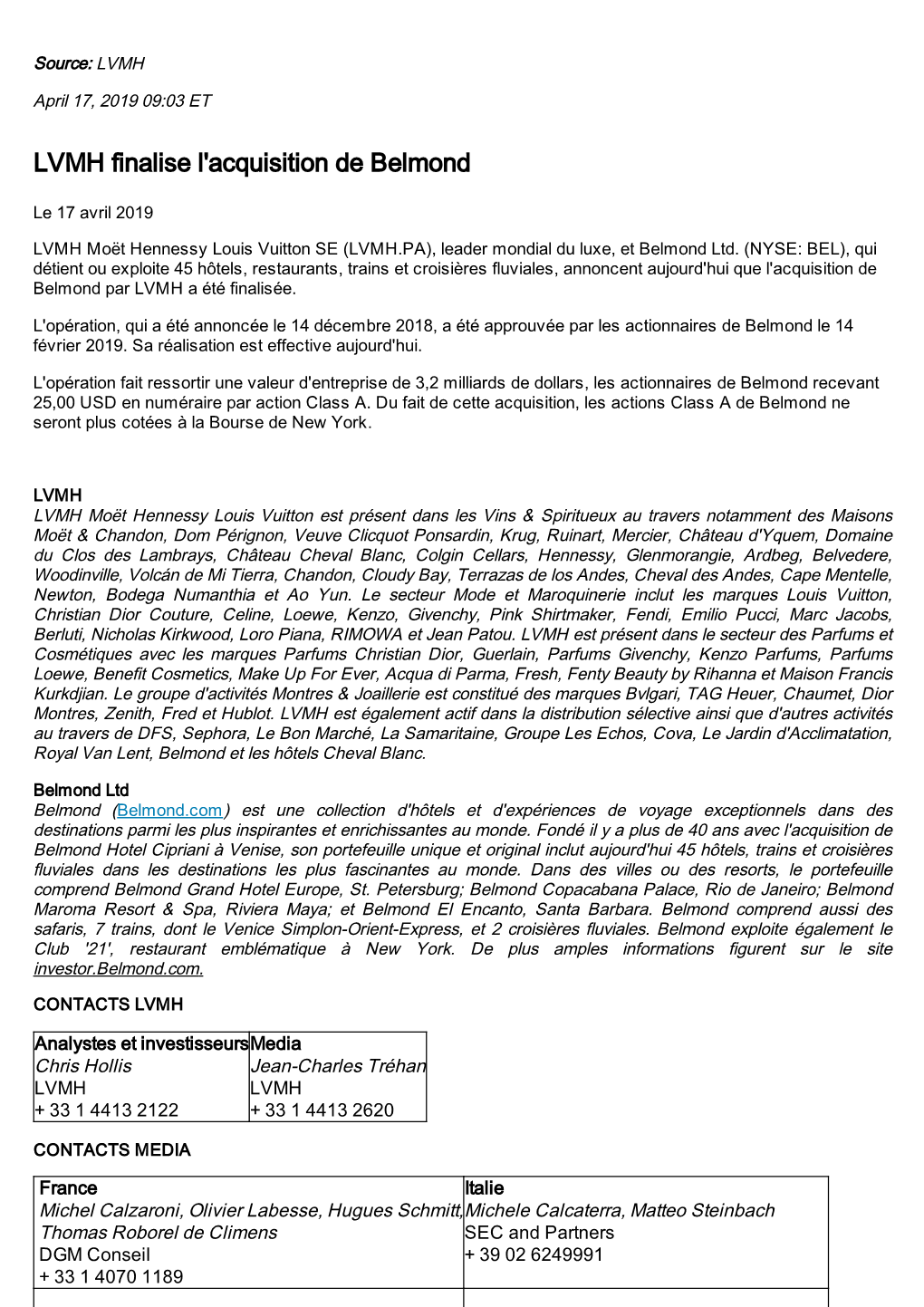 LVMH Finalise L'acquisition De Belmond