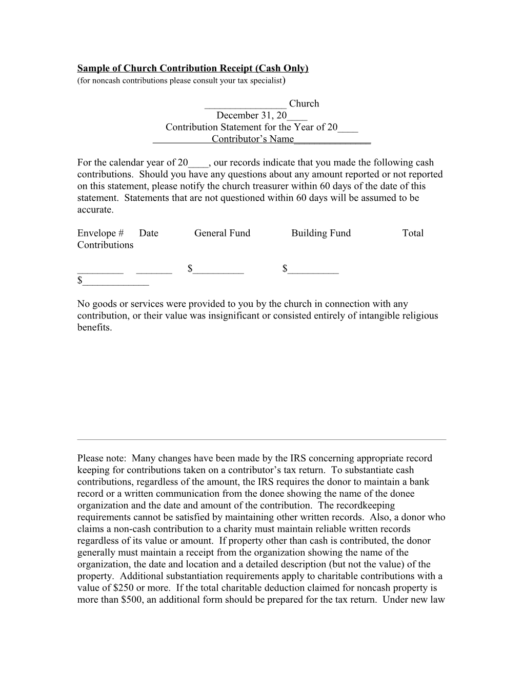 Sample of Church Contribution Receipt (Cash Only)