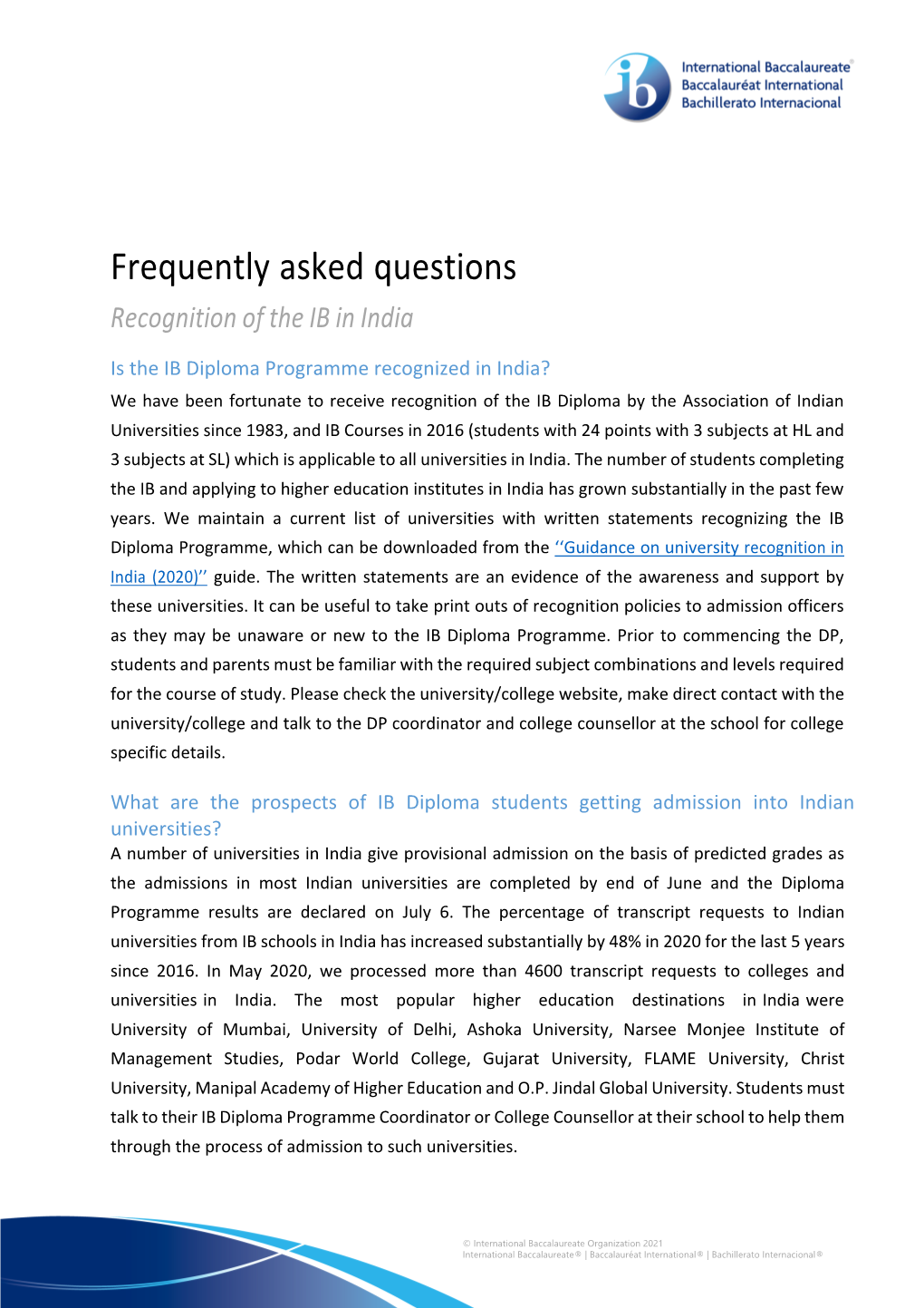 Frequently Asked Questions Recognition of the IB in India