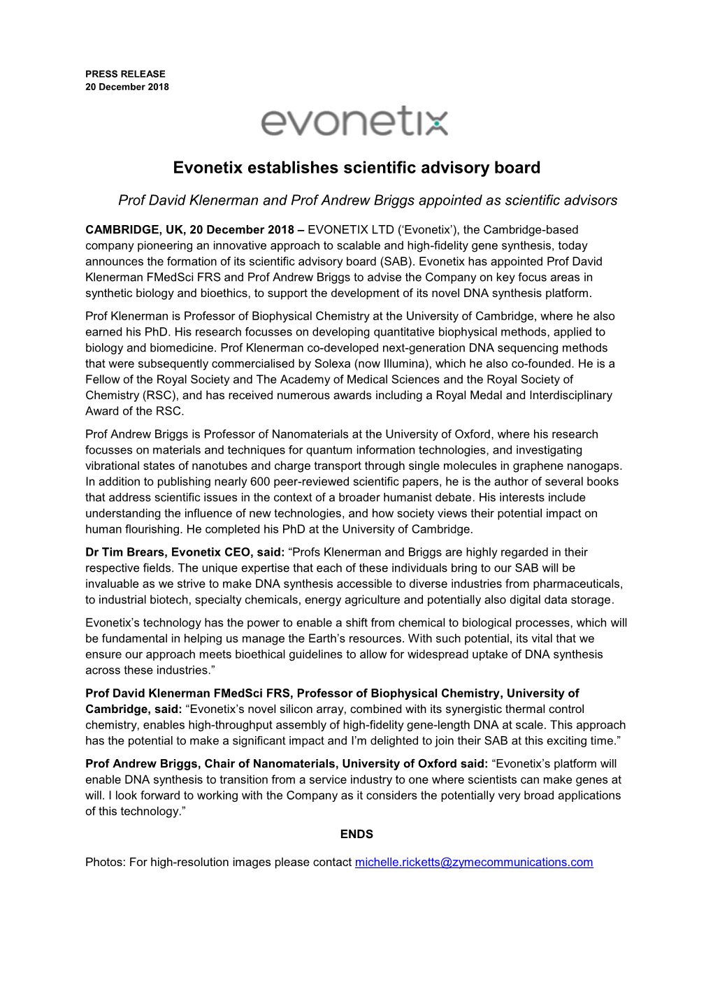 Evonetix Establishes Scientific Advisory Board