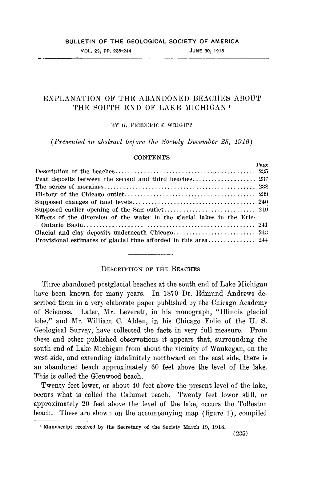 ABANDONED BEACHES ABOUT LAKE MICHIGAN I T Is Difficult to See the Force of This Suggestion of Mr