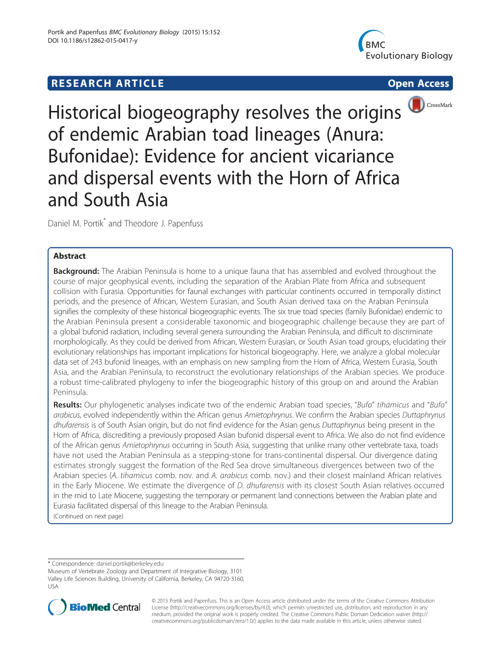 Historical Biogeography Resolves the Origins of Endemic Arabian Toad