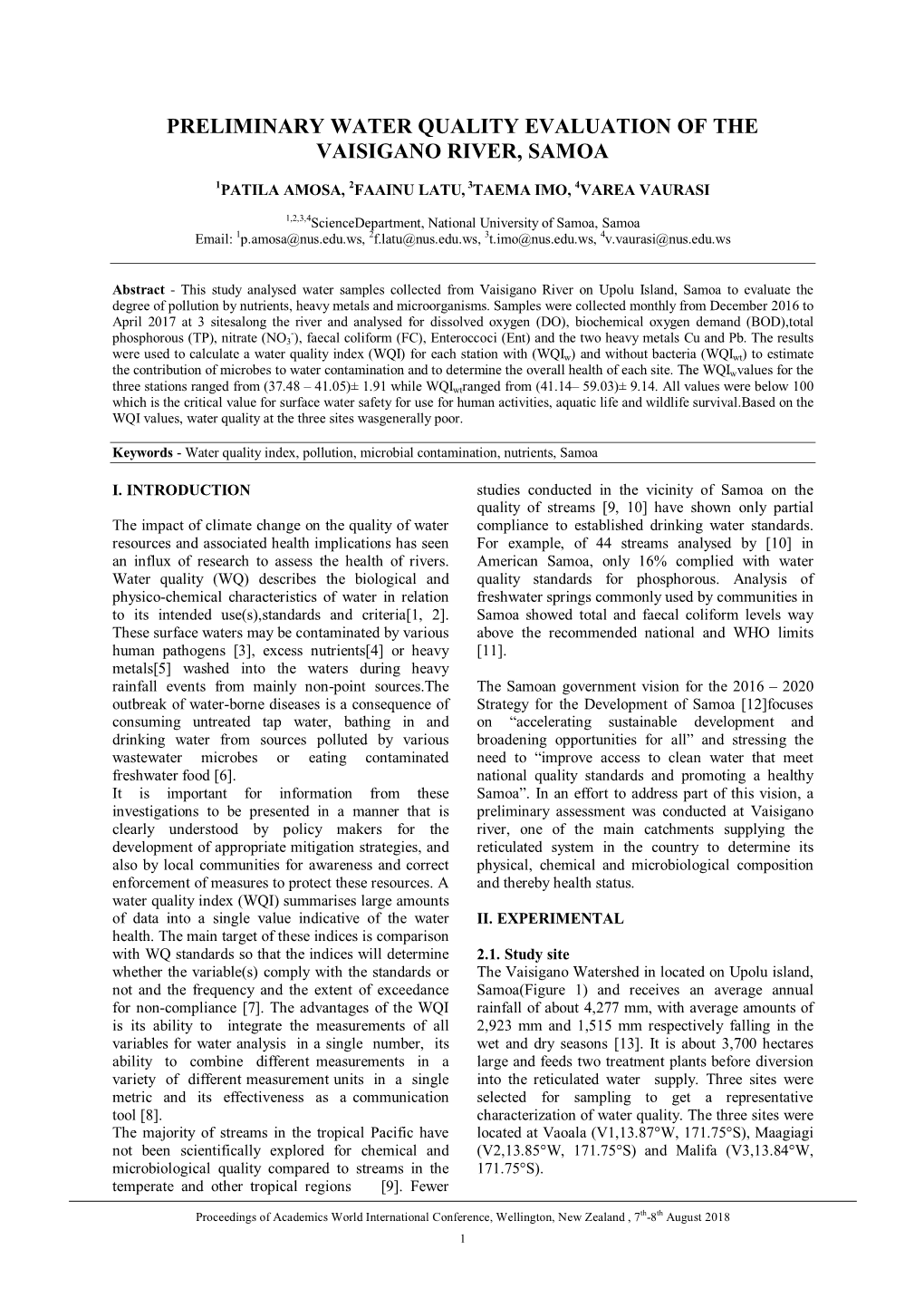 Preliminary Water Quality Evaluation of the Vaisigano River, Samoa