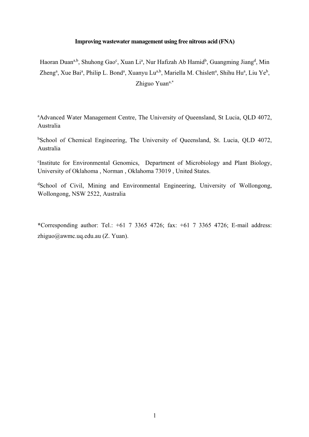 1 Improving Wastewater Management Using Free Nitrous Acid (FNA)