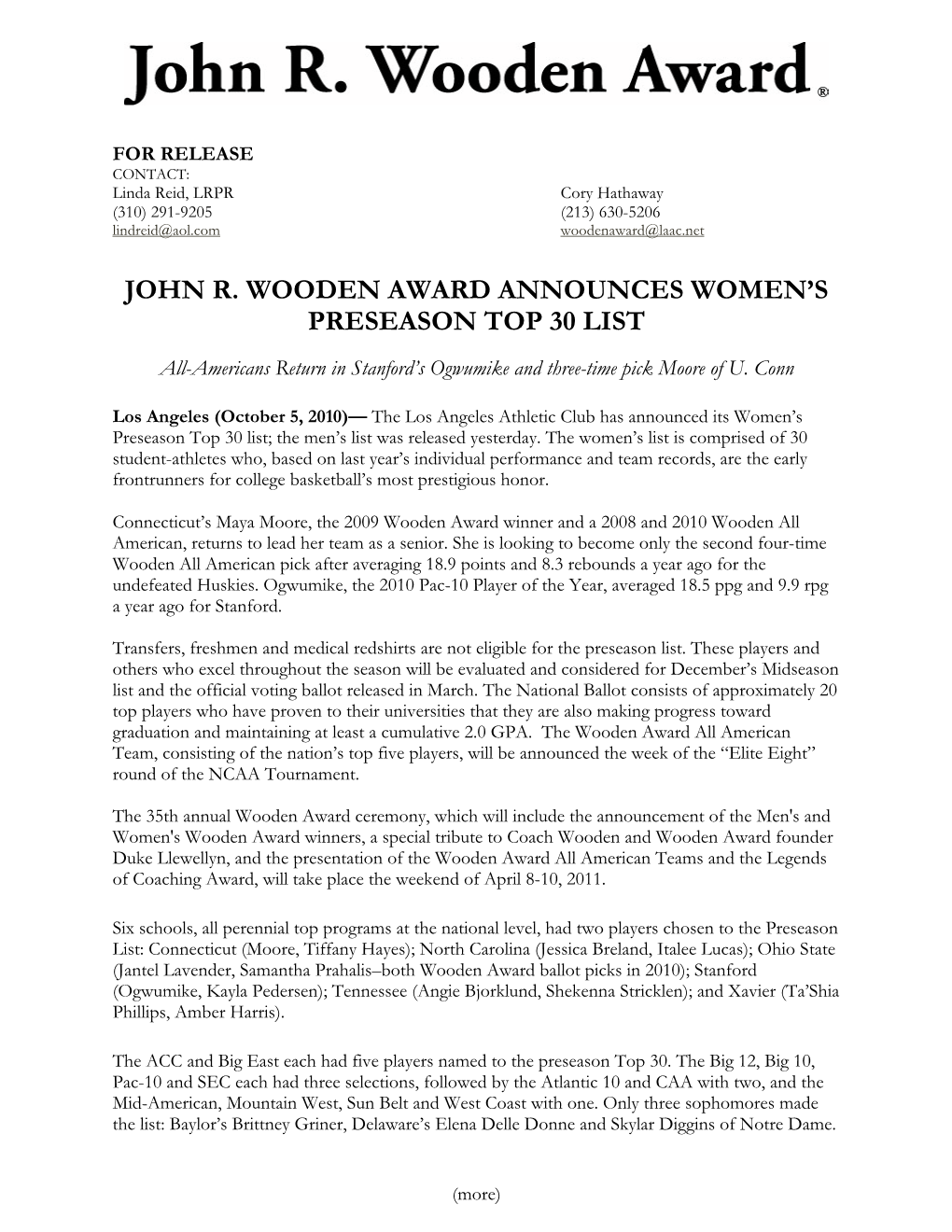 John R. Wooden Award Announces Women's