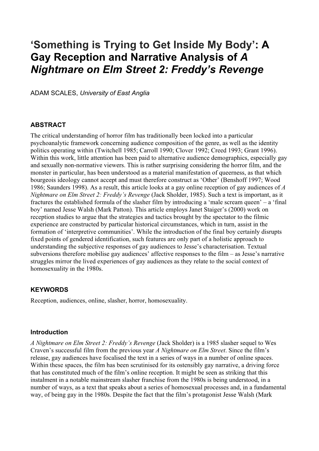 A Gay Reception and Narrative Analysis of a Nightmare on Elm Street 2: Freddy’S Revenge