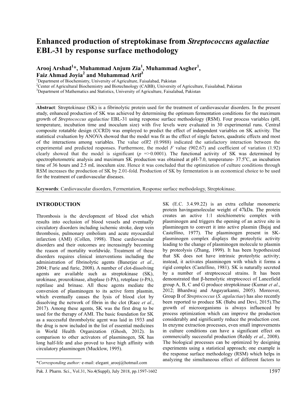 Enhanced Production of Streptokinase from Streptococcus Agalactiae EBL-31 by Response Surface Methodology