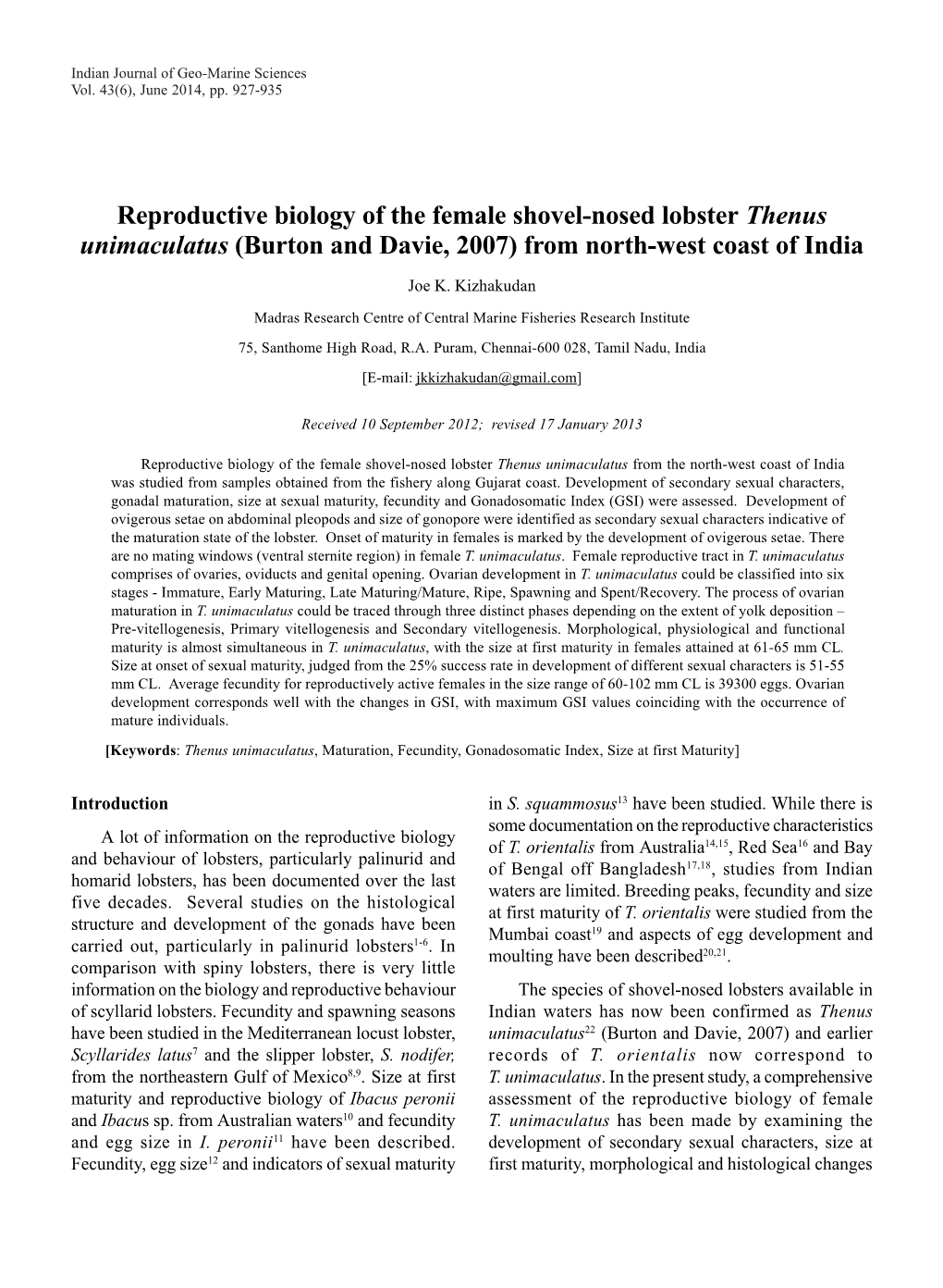 Reproductive Biology of the Female Shovel-Nosed Lobster Thenus Unimaculatus (Burton and Davie, 2007) from North-West Coast of India