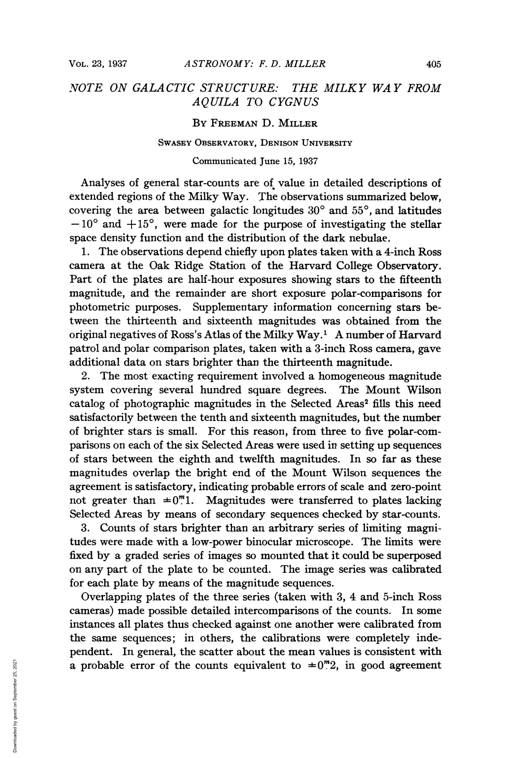 THE MILKY WAY from AQUILA to CYGNUS Space Density Function and the Distribution of the Dark Nebulae