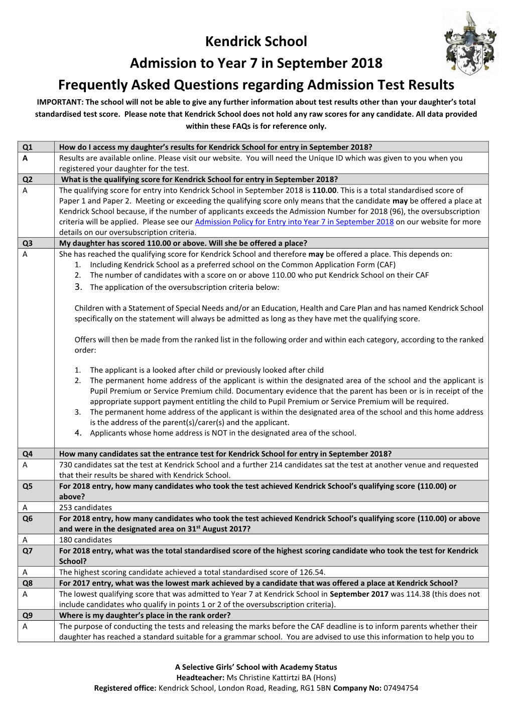 Kendrick School Admission to Year 7 in September 2018 Frequently Asked Questions Regarding Admission Test Results