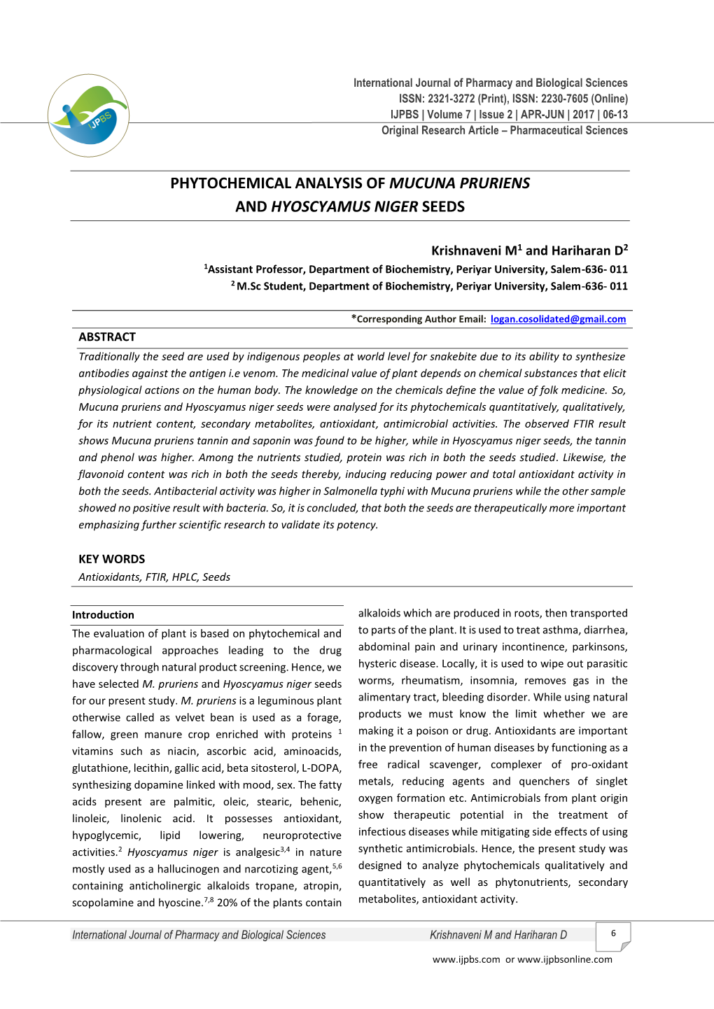 Phytochemical Analysis of Mucuna Pruriens and Hyoscyamus Niger Seeds