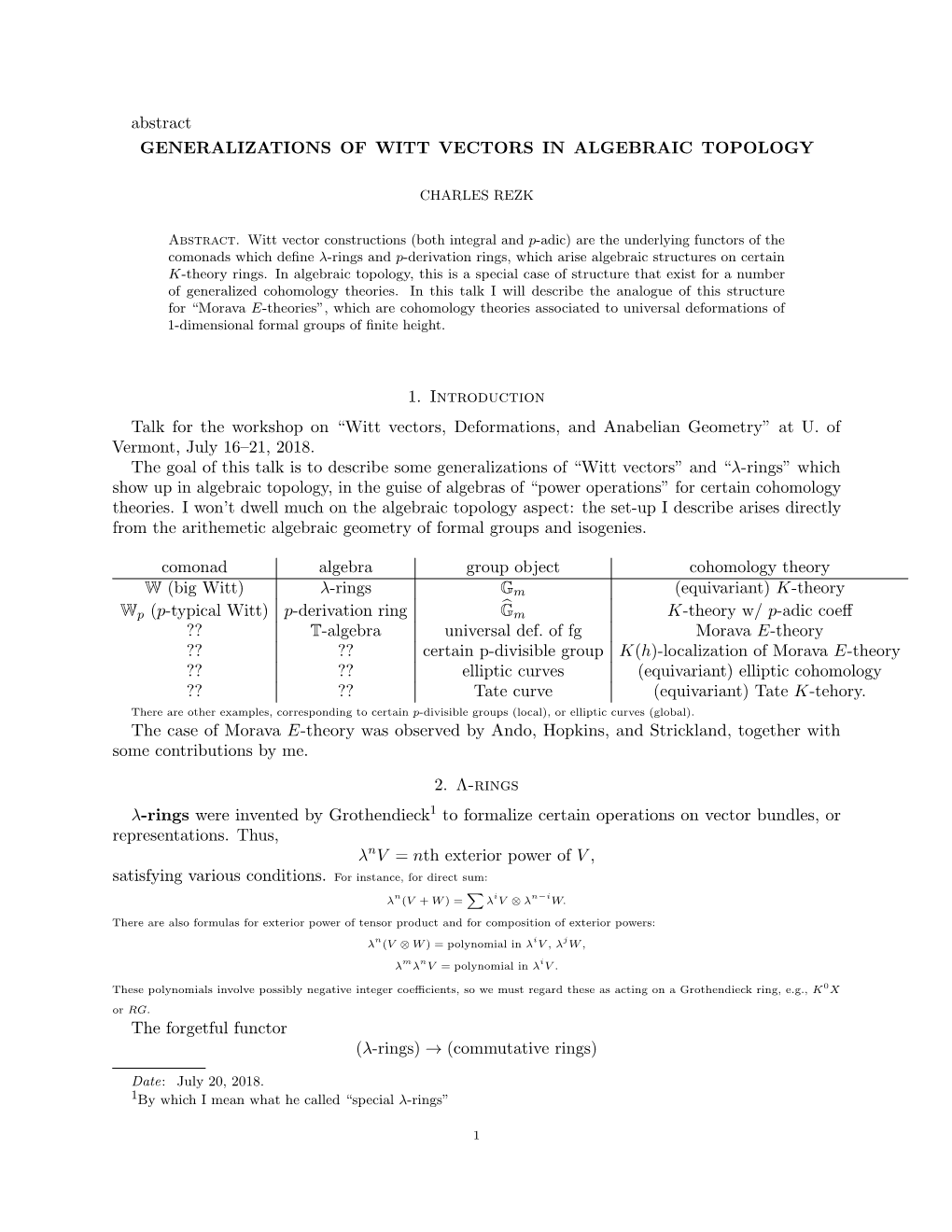 Abstract GENERALIZATIONS of WITT VECTORS in ALGEBRAIC TOPOLOGY