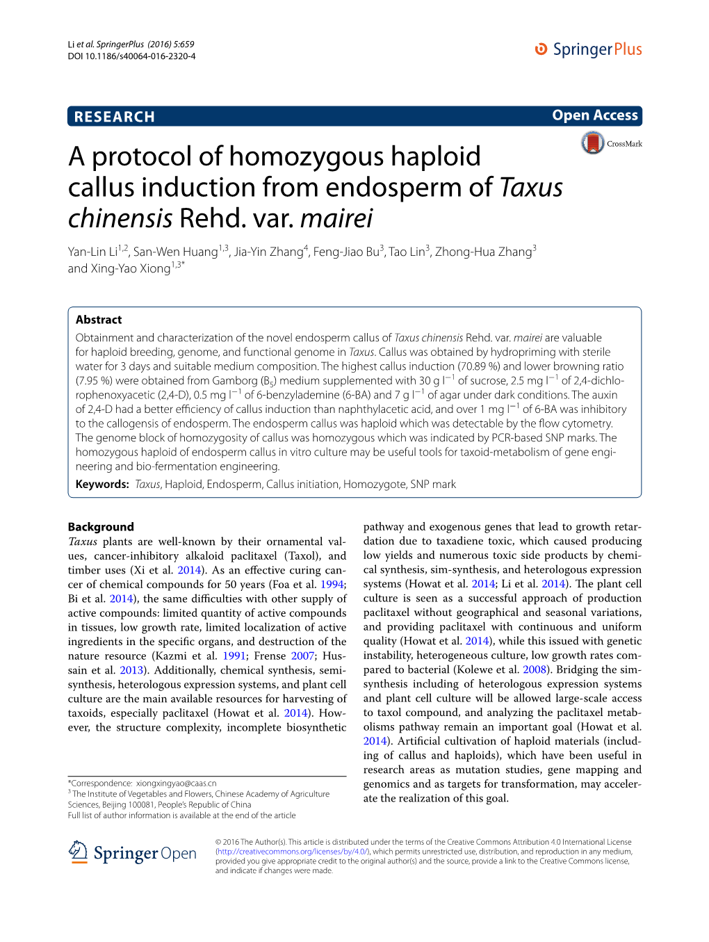 A Protocol of Homozygous Haploid Callus Induction from Endosperm of Taxus Chinensis Rehd