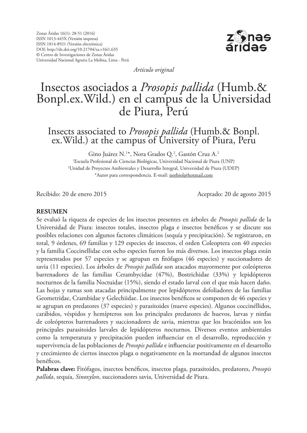 Insectos Asociados a Prosopis Pallida (Humb.& Bonpl.Ex.Wild.)