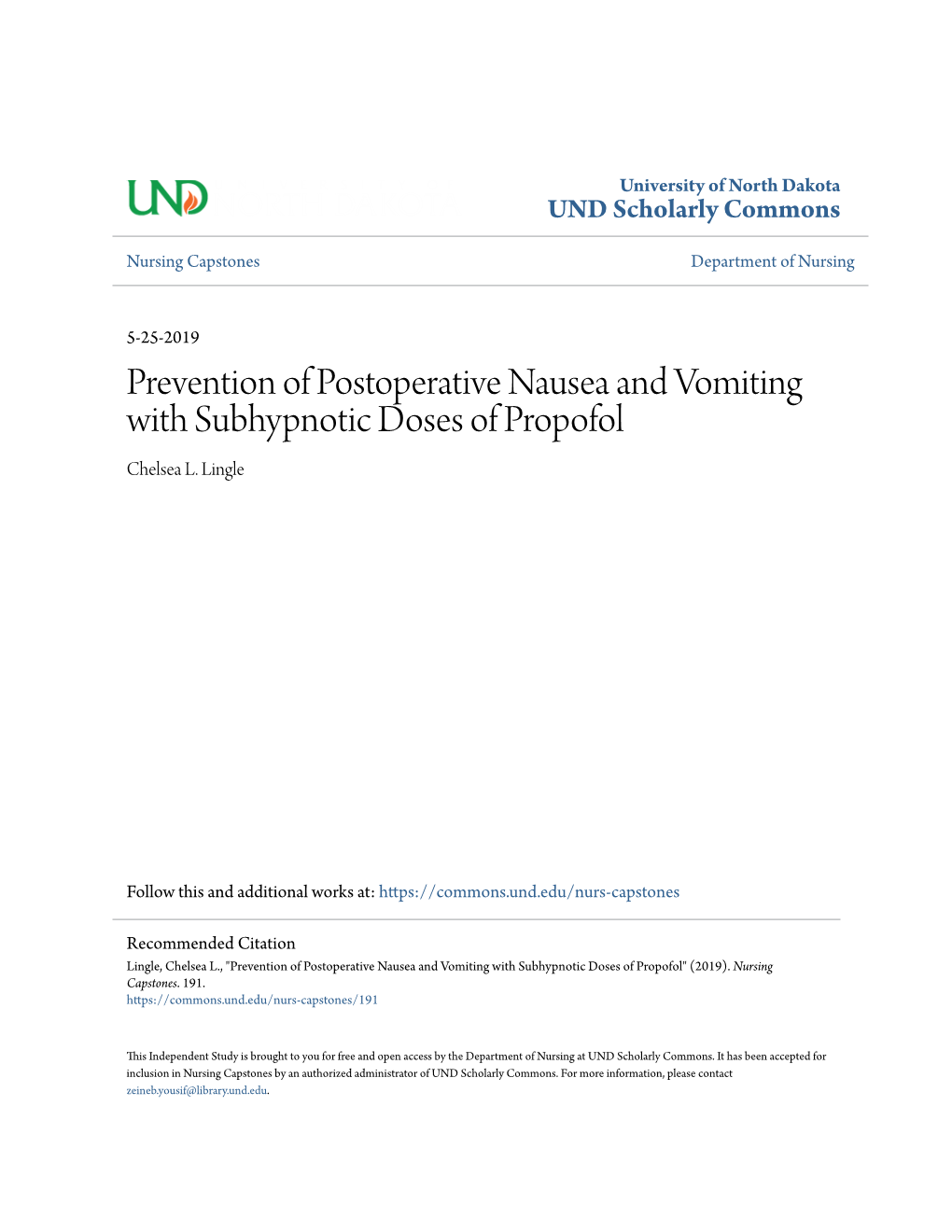 Prevention of Postoperative Nausea and Vomiting with Subhypnotic Doses of Propofol Chelsea L