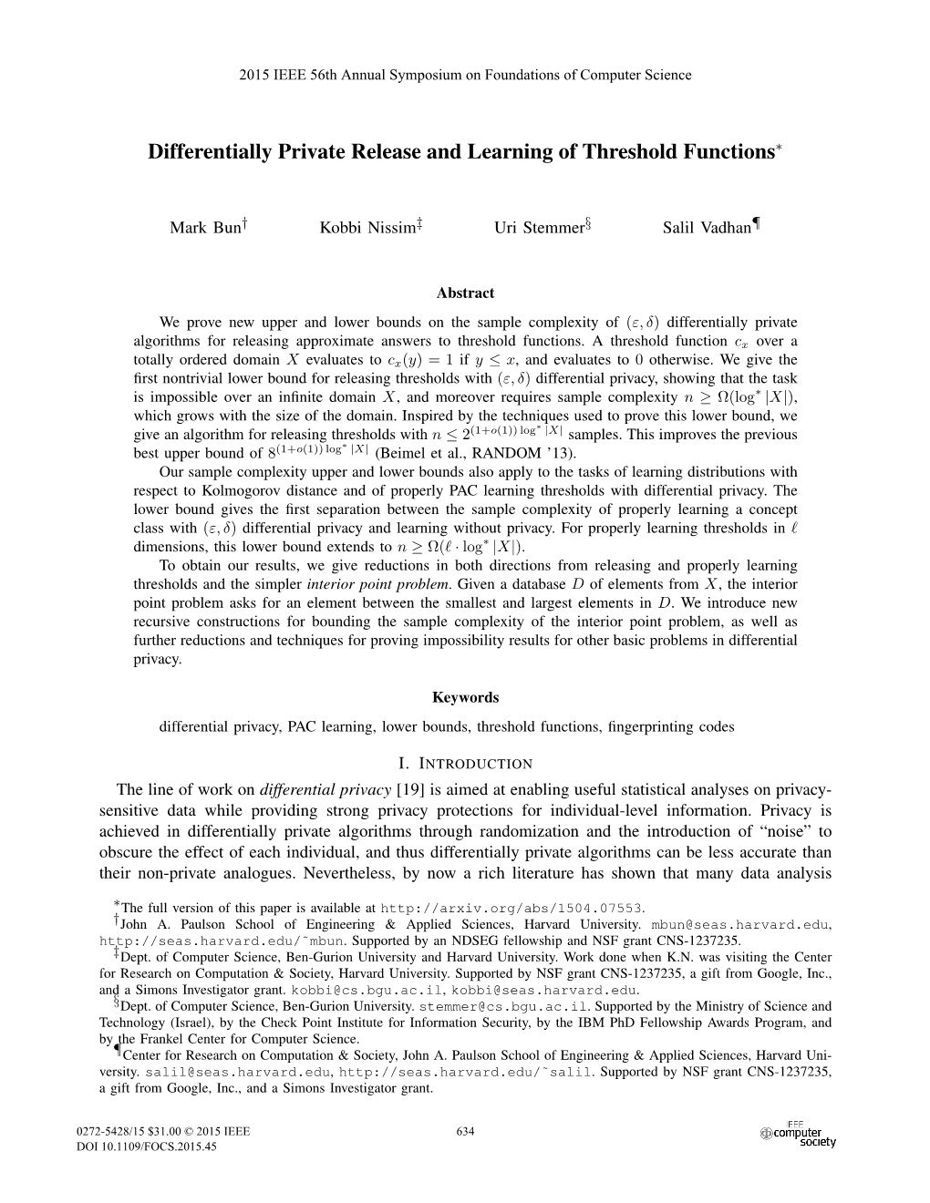 Differentially Private Release and Learning of Threshold Functions∗