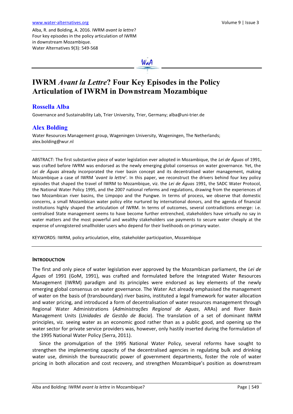 Four Key Episodes in the Policy Articulation of IWRM in Downstream Mozambique