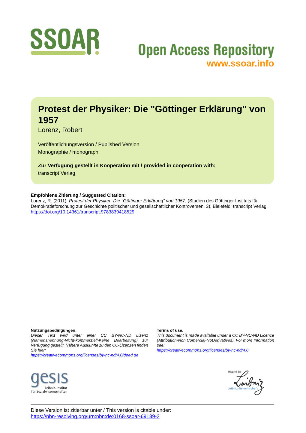 Protest Der Physiker: Die "Göttinger Erklärung" Von 1957 Lorenz, Robert