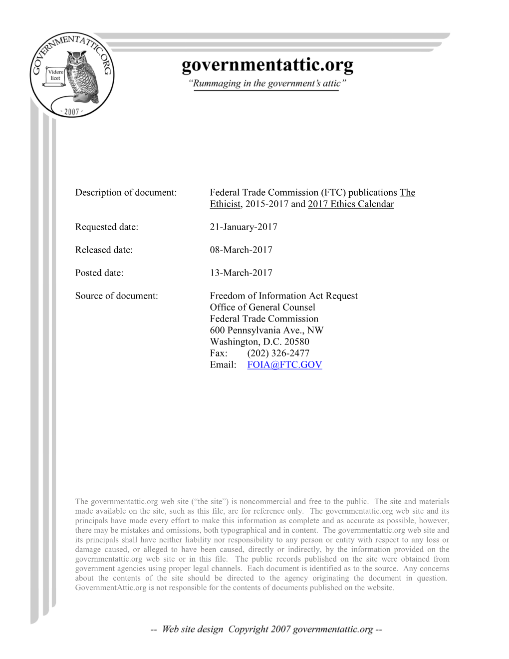 FTC) Publications the Ethicist, 2015-2017 and 2017 Ethics Calendar