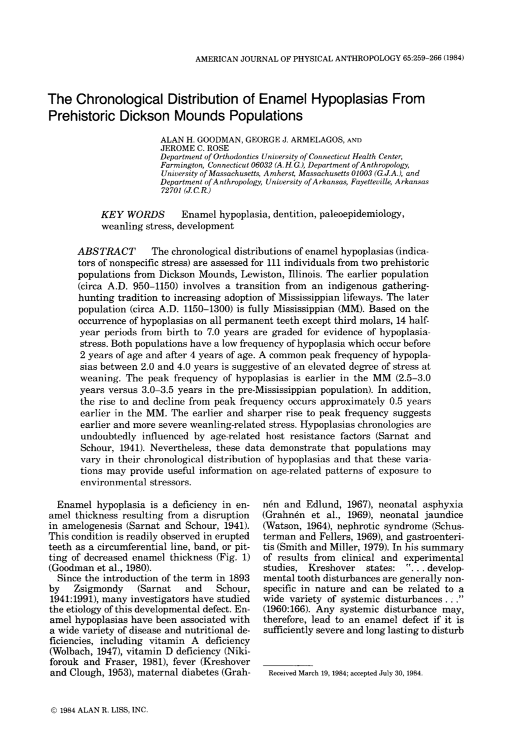 The Chronological Distribution of Enamel Hypoplasias from Prehistoric Dickson Mounds Populations