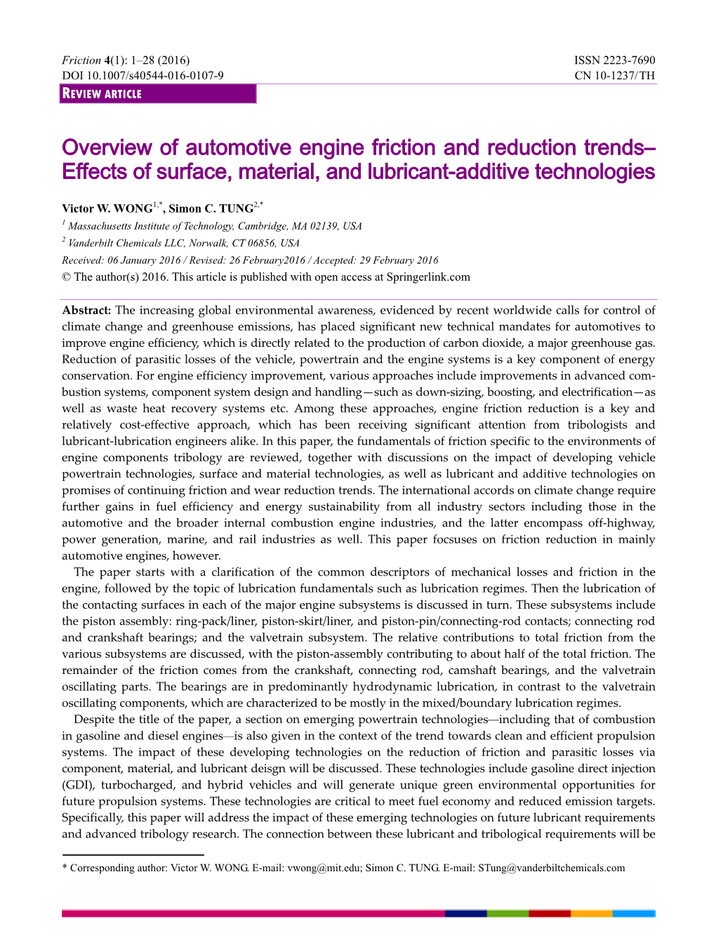 Overview of Automotive Engine Friction and Reduction Trends– Effects of Surface, Material, and Lubricant-Additive Technologies