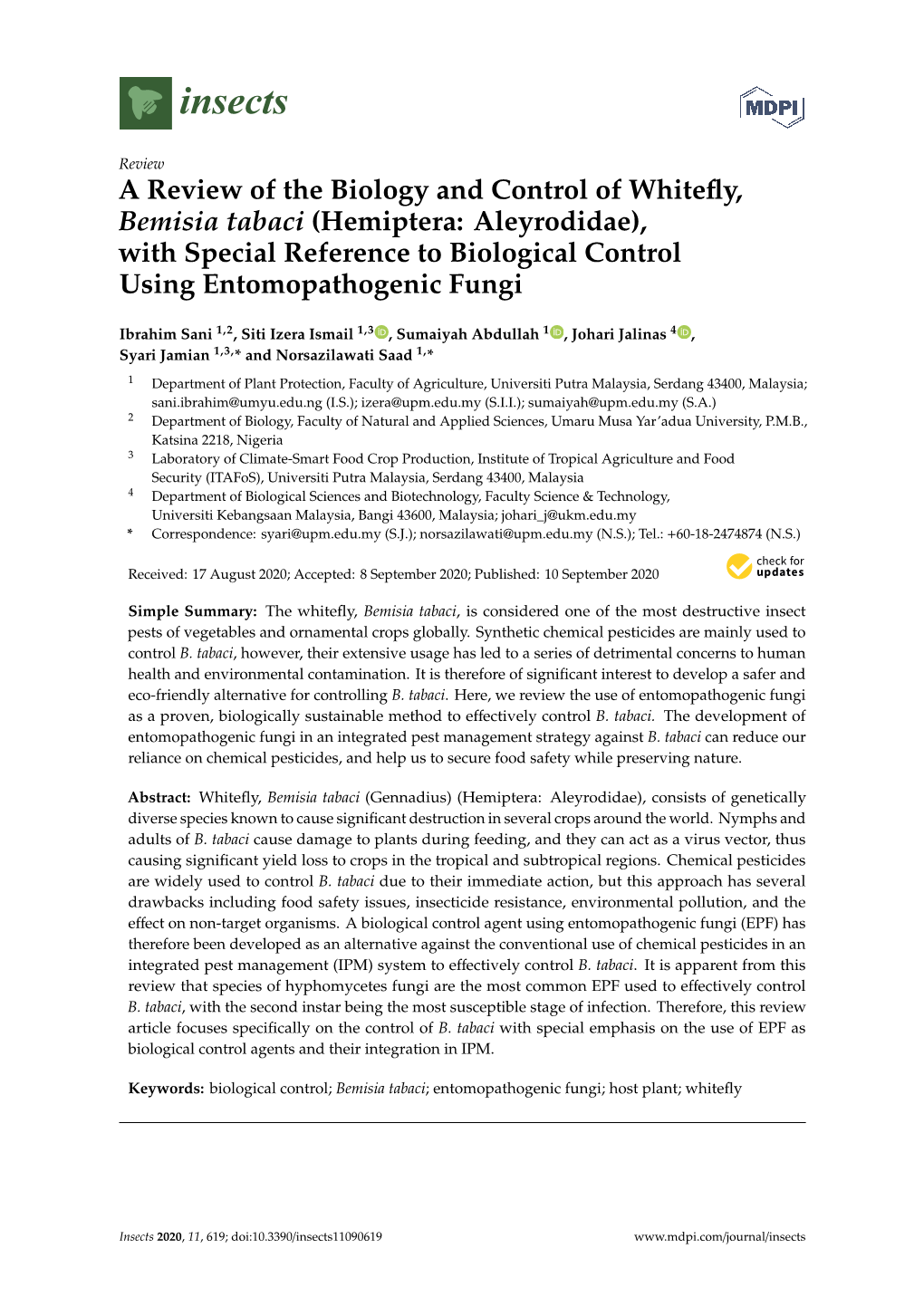 A Review of the Biology and Control of Whitefly, Bemisia Tabaci